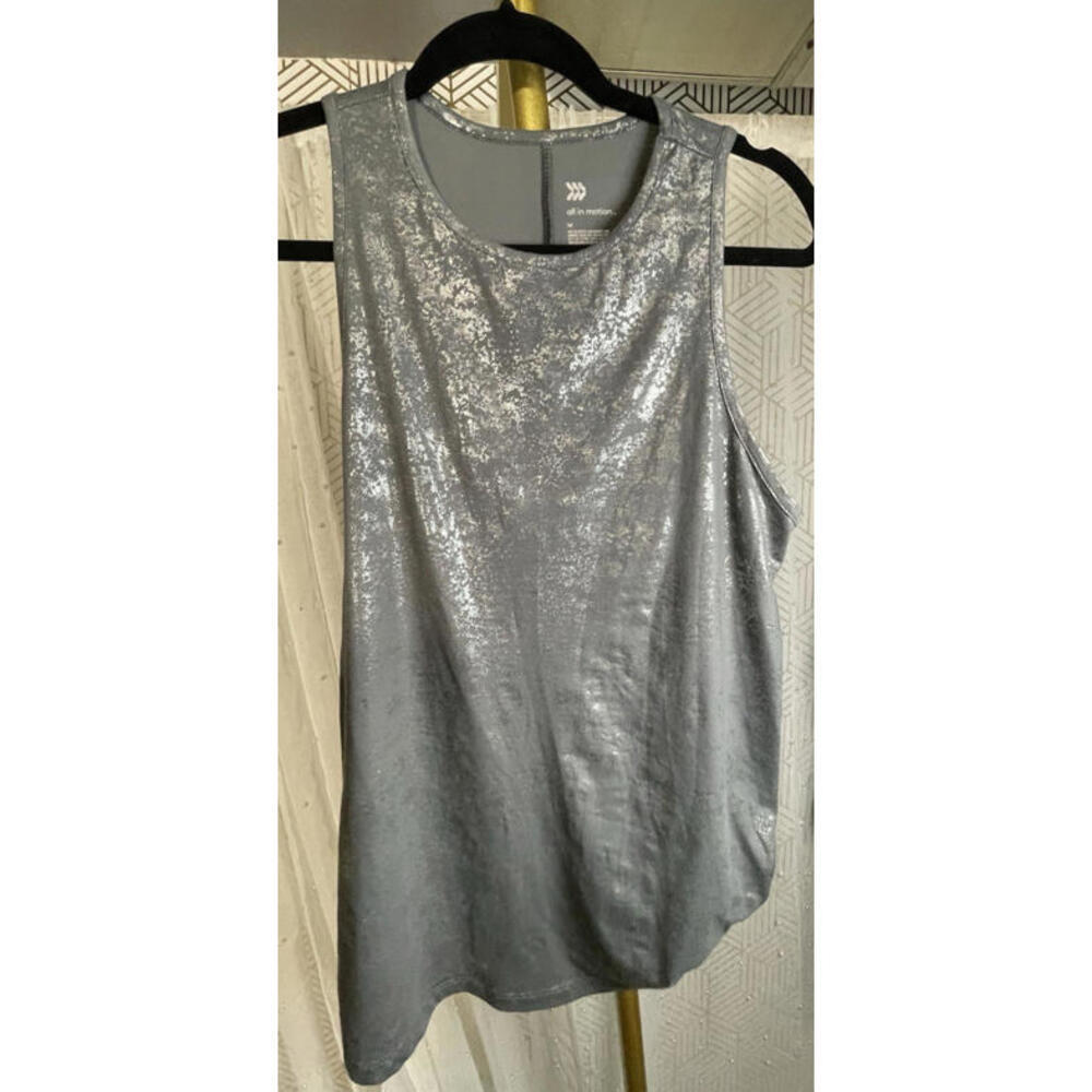 All In Motion Women’s Charcoal Gray & Silver Metallic Tank Top Open Side Knot M